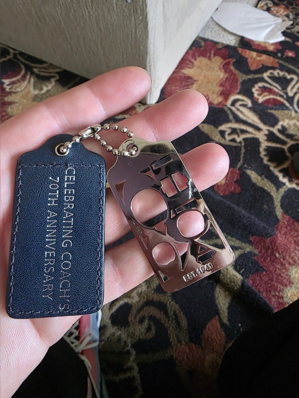 Coach 70th Anniversary Navy Leather Key Tag with Silver-Tone Logo Charm - Picture 2 of 3